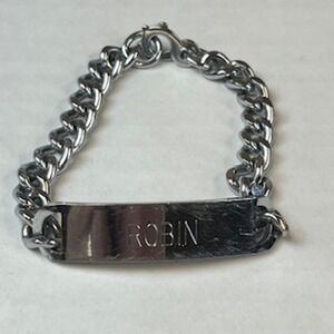 Vintage Silver Tone Robin Engraved ID Bracelet Japan Curb Chain 7.5 Inch